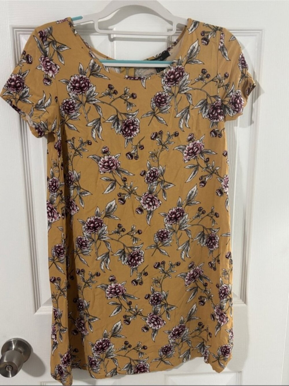 Forever 21 Mustard Floral Short Sleeve Tunic Dress with Pink Blooms